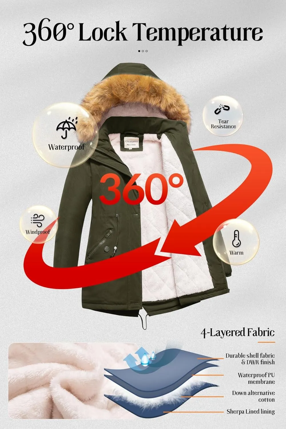 Chrisuno Women's Mid-Length Military Parka Winter Outerwear Insulated Jacket Soft Fleece Snow Faux Fur Coat