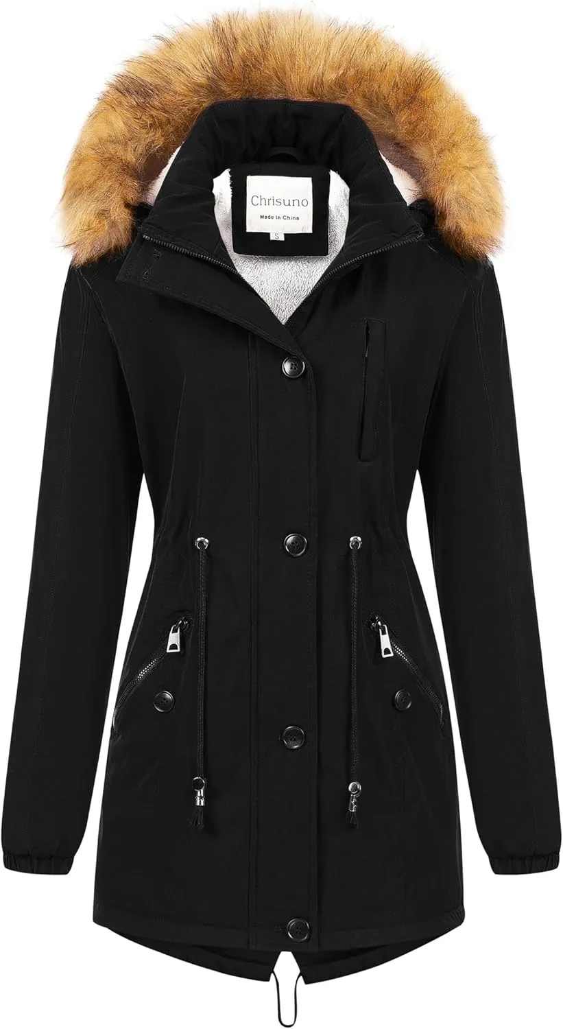 Chrisuno Women's Mid-Length Military Parka Winter Outerwear Insulated Jacket Soft Fleece Snow Faux Fur Coat