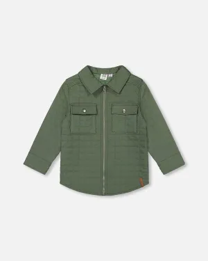 Deux Par Deux Unisex Quilted Canvas Overshirt in Dark Forest