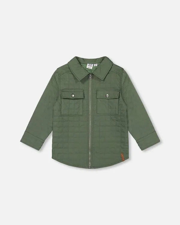 Deux Par Deux Unisex Quilted Canvas Overshirt in Dark Forest