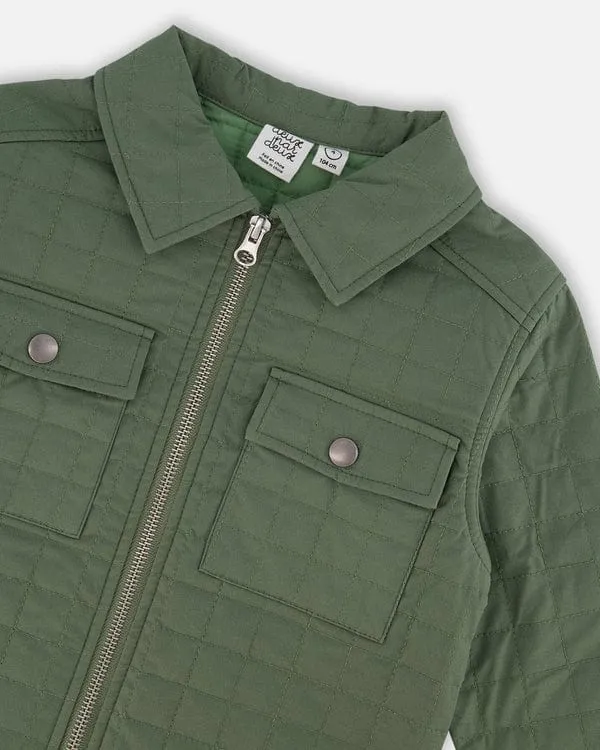 Deux Par Deux Unisex Quilted Canvas Overshirt in Dark Forest