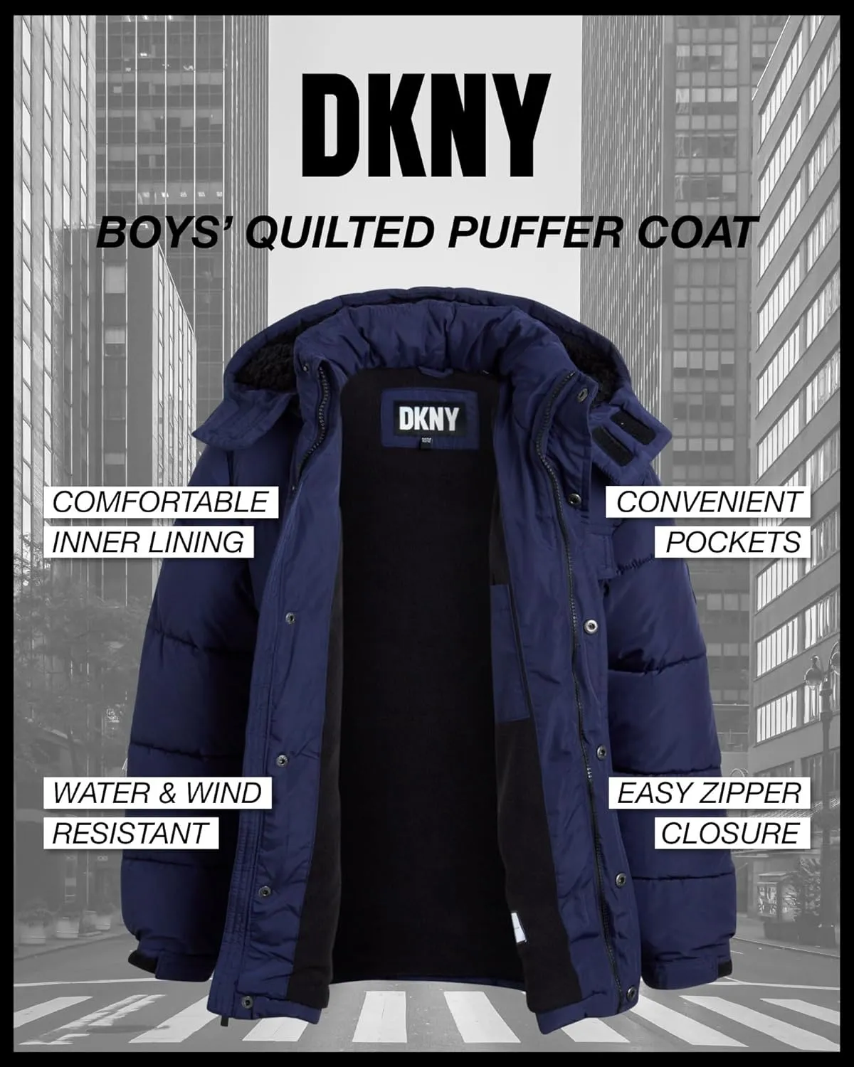 DKNY Boys' Winter Jacket - Insulated Quilted Puffer Parka Coat, Sherpa Lined Hood - Heavyweight Ski Jacket for Boys (4-20)