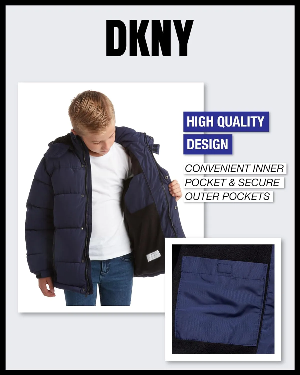DKNY Boys' Winter Jacket - Insulated Quilted Puffer Parka Coat, Sherpa Lined Hood - Heavyweight Ski Jacket for Boys (4-20)