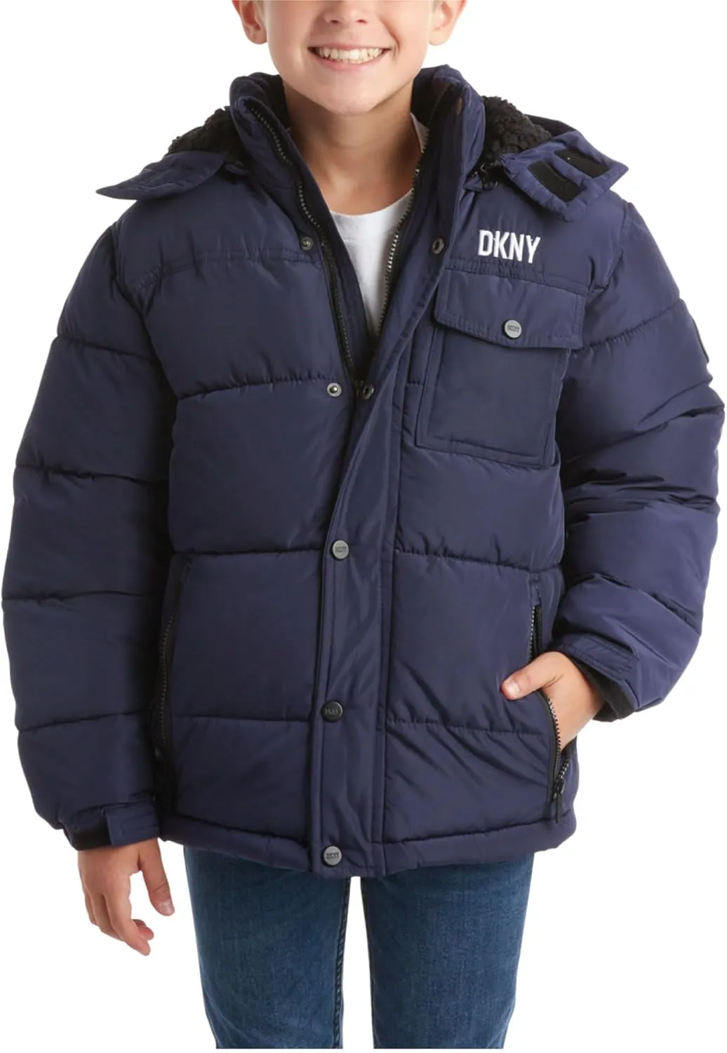 DKNY Boys' Winter Jacket - Insulated Quilted Puffer Parka Coat, Sherpa Lined Hood - Heavyweight Ski Jacket for Boys (4-20)
