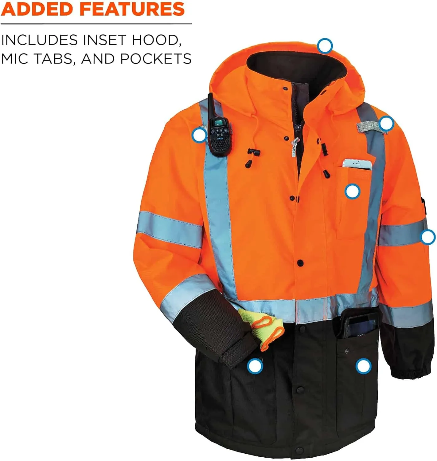 Ergodyne - 25575 High Visibility Reflective Winter Safety Jacket, Insulated Parka, ANSI Compliant, GloWear 8384, Orange, Extra Large