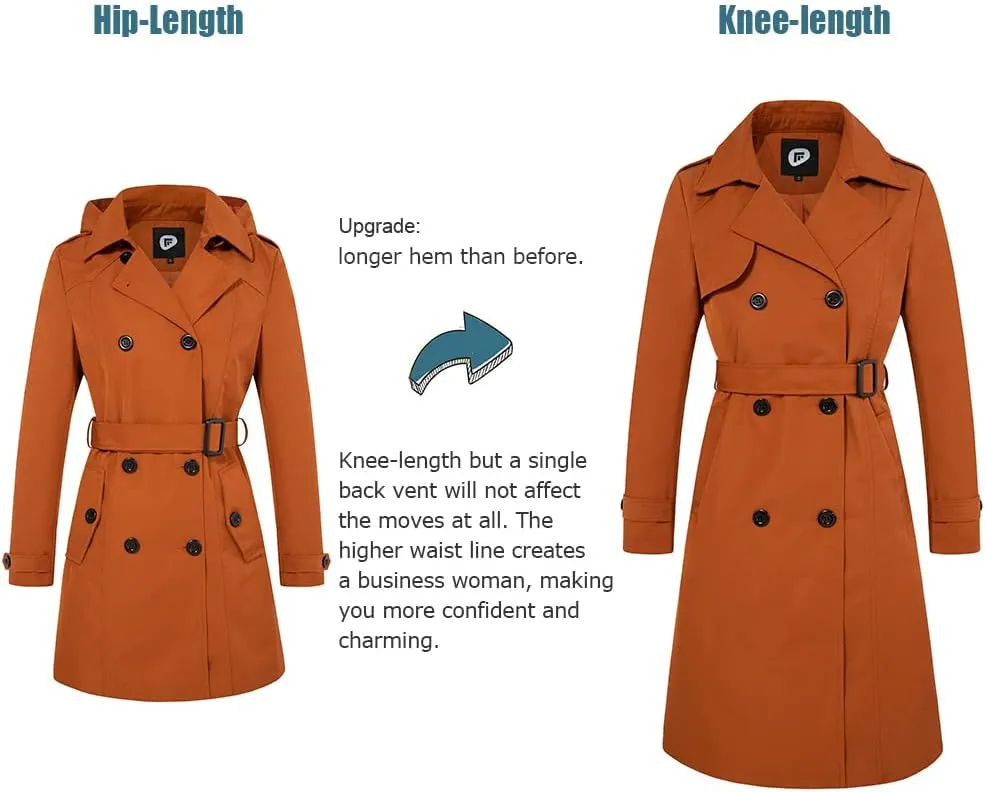 FARVALUE Women's Long Trenchcoat Double Breasted Trench Coat Water Resistant Classic Peacoat with Belt
