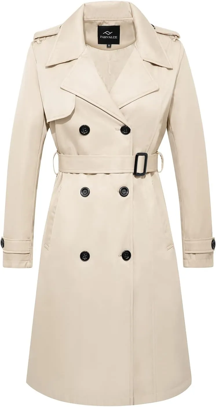FARVALUE Women's Long Trenchcoat Double Breasted Trench Coat Water Resistant Classic Peacoat with Belt