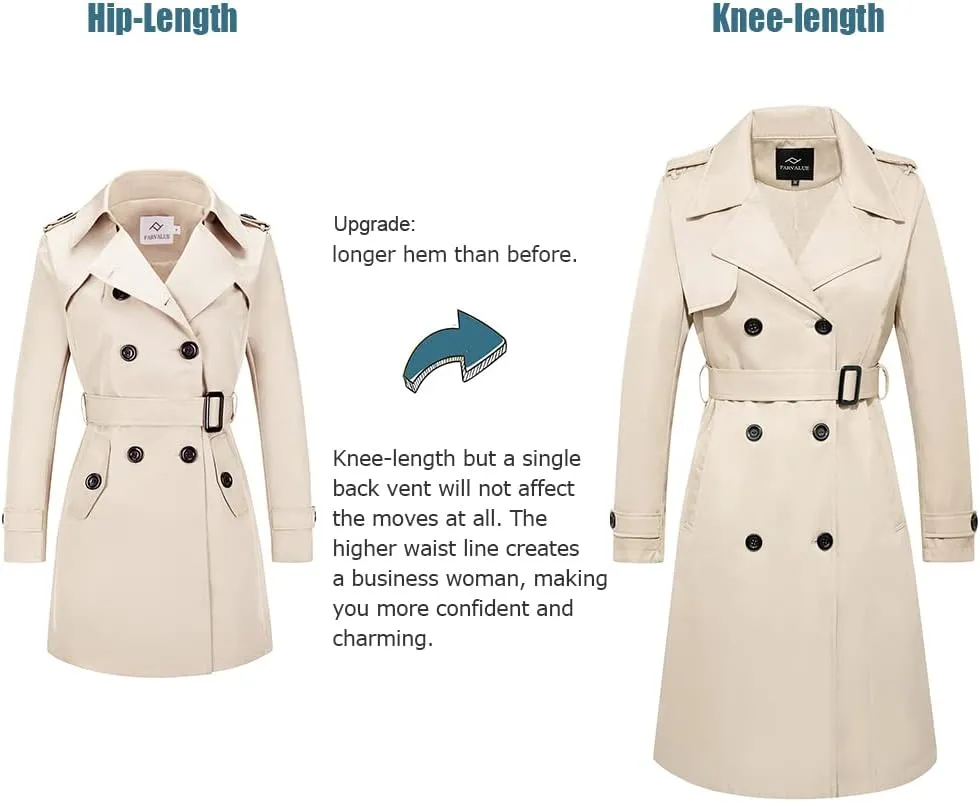 FARVALUE Women's Long Trenchcoat Double Breasted Trench Coat Water Resistant Classic Peacoat with Belt
