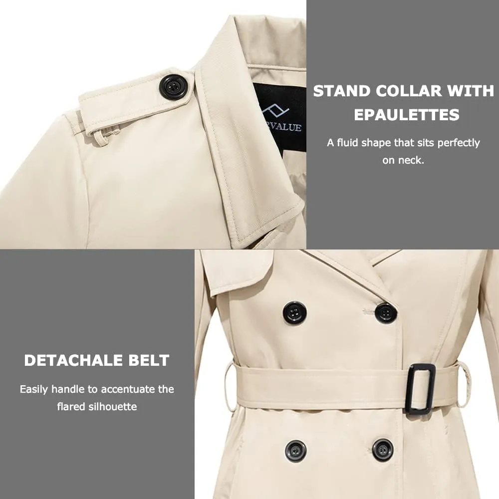 FARVALUE Women's Long Trenchcoat Double Breasted Trench Coat Water Resistant Classic Peacoat with Belt