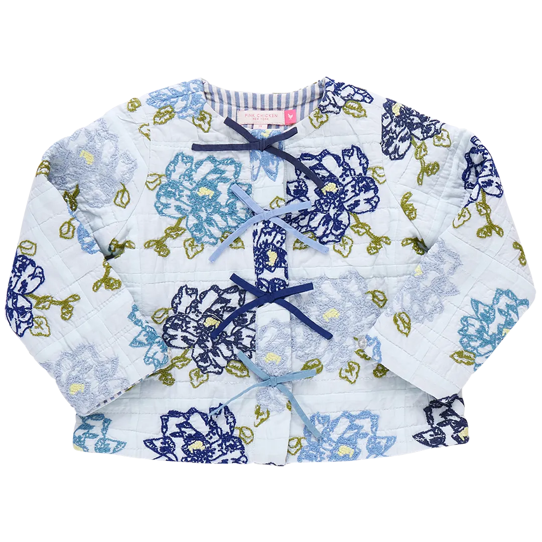 Girls Quilted Jacket - Blue Quilt Flower Embroidery