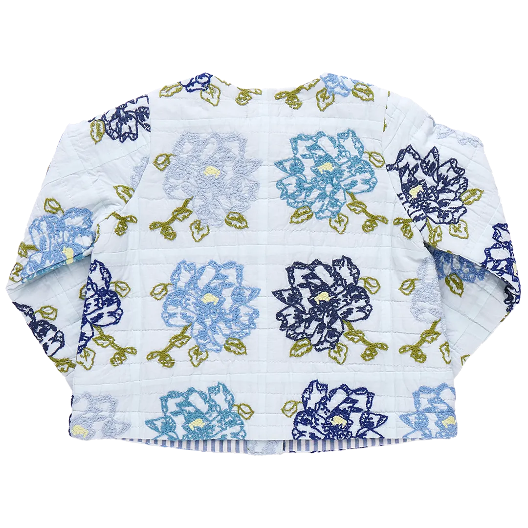 Girls Quilted Jacket - Blue Quilt Flower Embroidery
