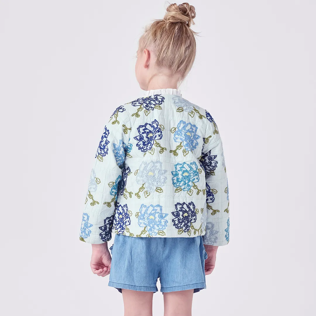 Girls Quilted Jacket - Blue Quilt Flower Embroidery