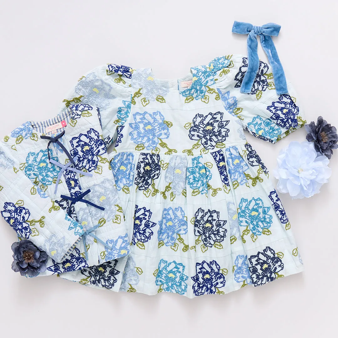 Girls Quilted Jacket - Blue Quilt Flower Embroidery