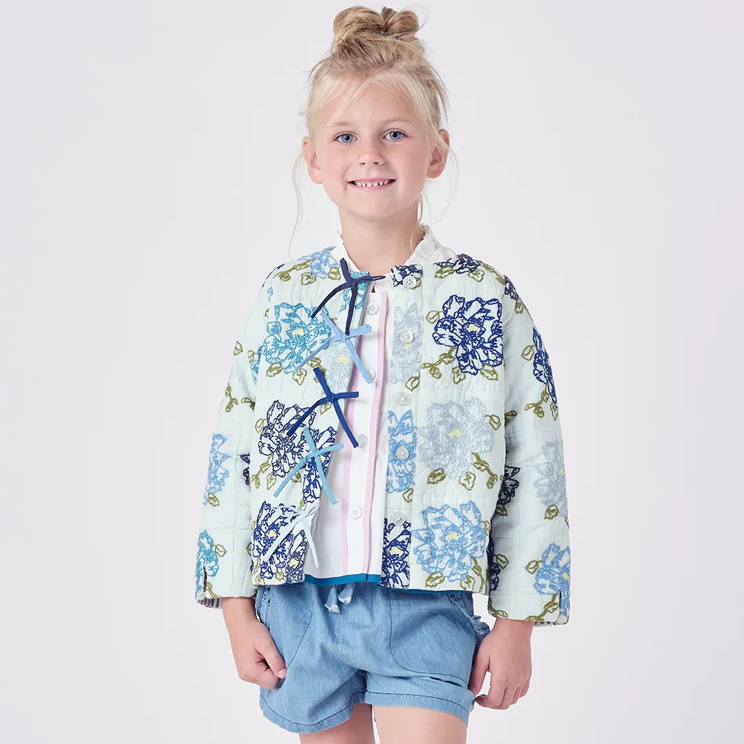 Girls Quilted Jacket - Blue Quilt Flower Embroidery
