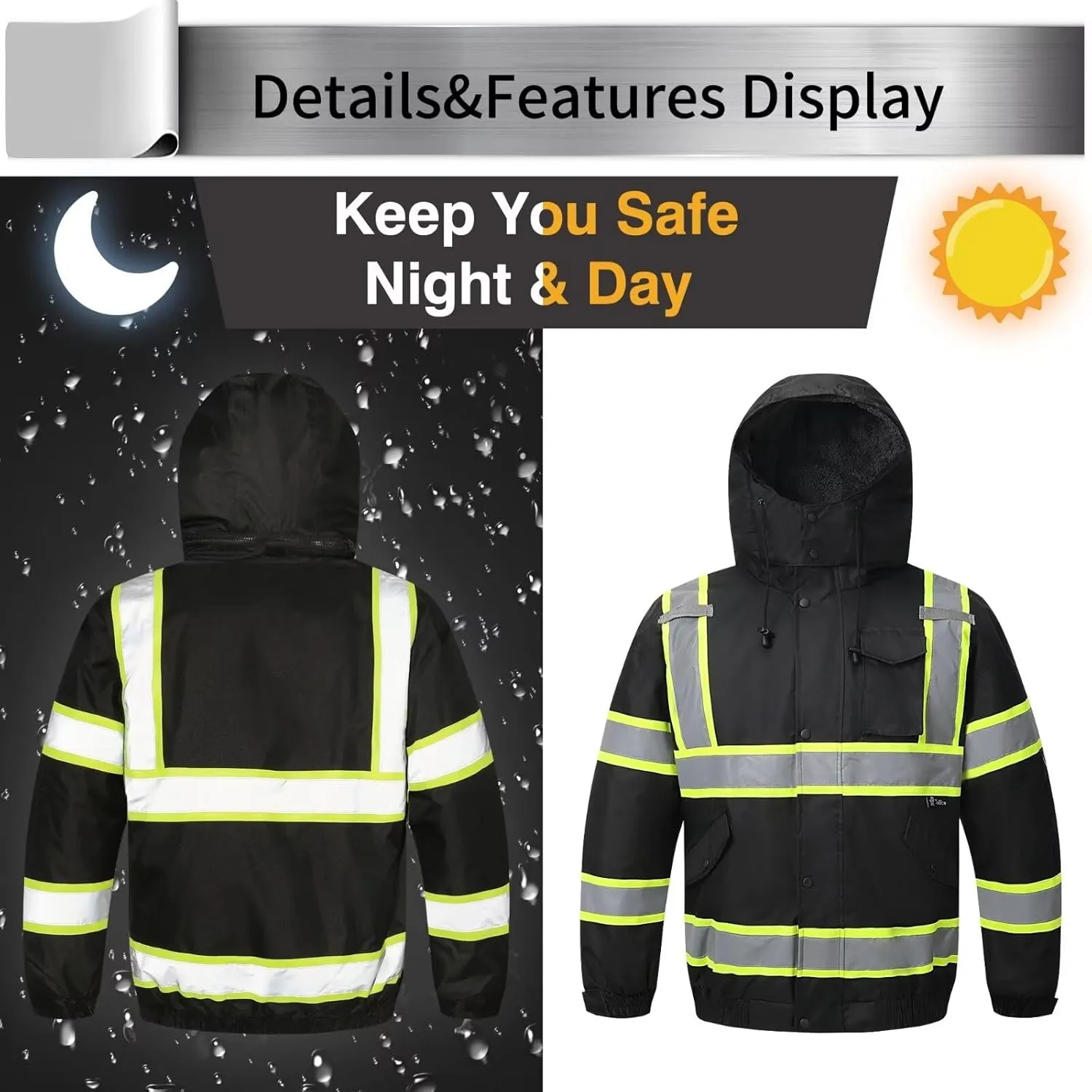 High Visibility Hoodie For Men Reflective Safety Jacket Zipper Men'S/Women'S Construction Work Safety Insulated Parka