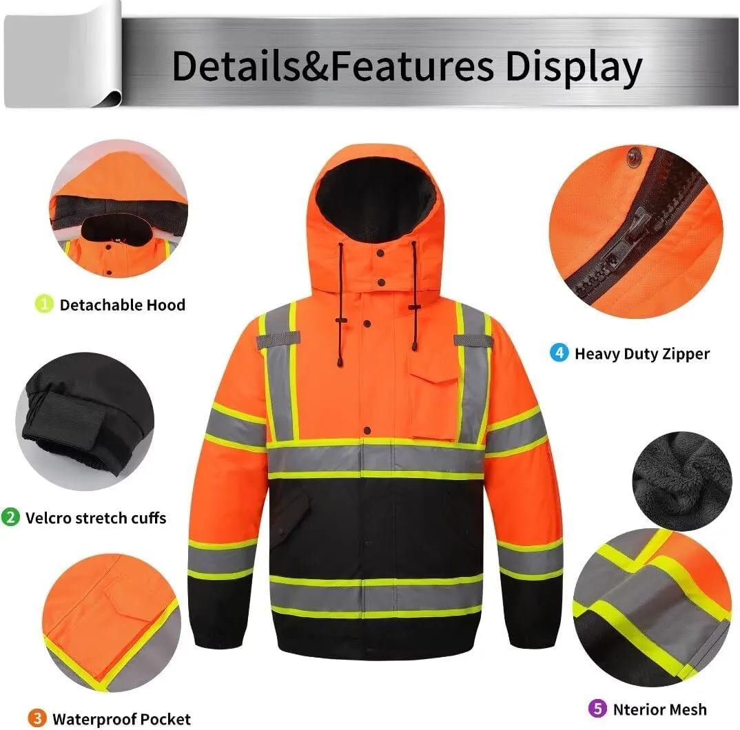 High Visibility Hoodie For Men Reflective Safety Jacket Zipper Men'S/Women'S Construction Work Safety Insulated Parka