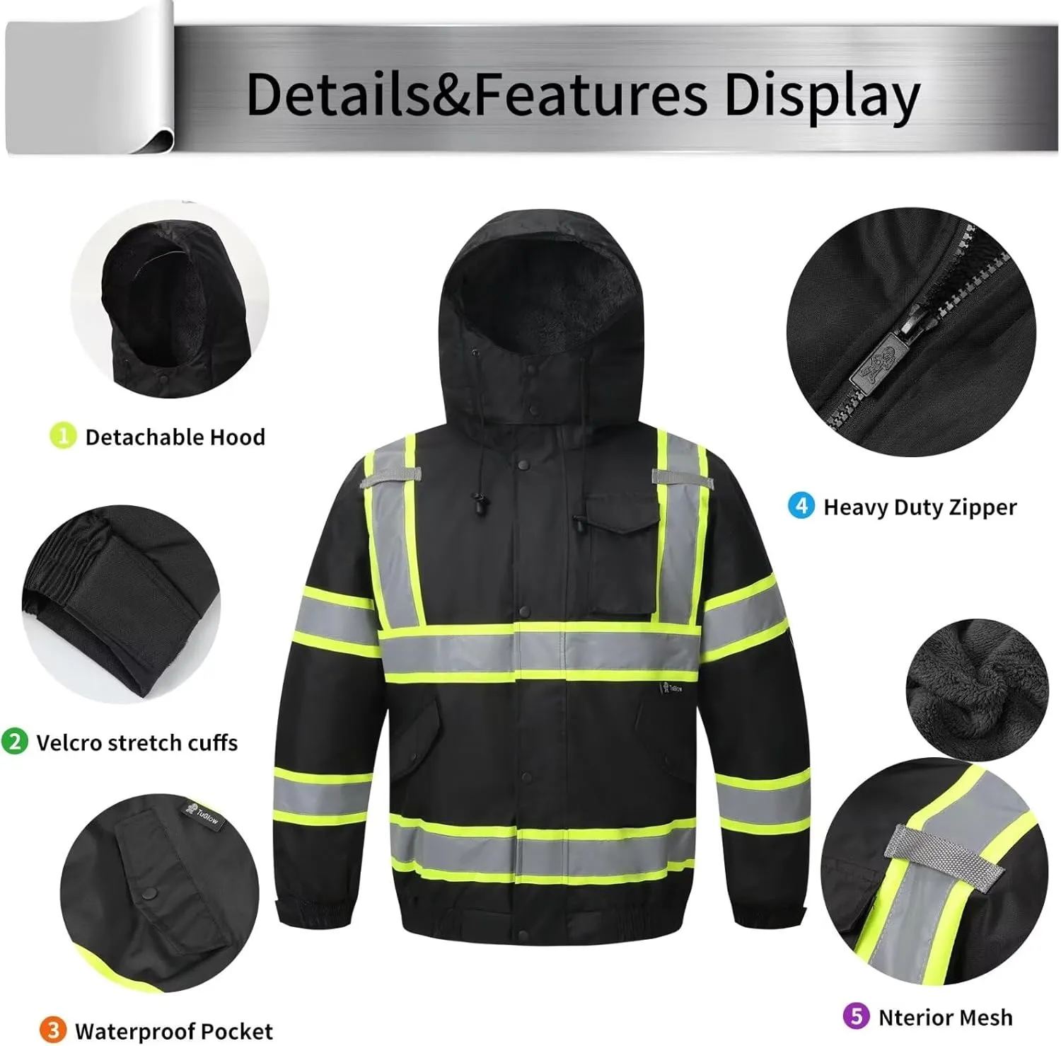 High Visibility Hoodie For Men Reflective Safety Jacket Zipper Men'S/Women'S Construction Work Safety Insulated Parka