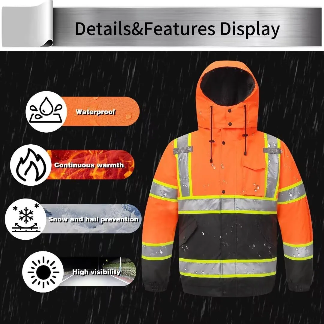 High Visibility Hoodie For Men Reflective Safety Jacket Zipper Men'S/Women'S Construction Work Safety Insulated Parka