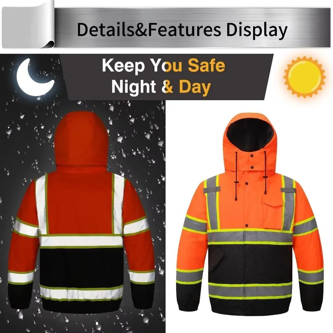 High Visibility Hoodie For Men Reflective Safety Jacket Zipper Men'S/Women'S Construction Work Safety Insulated Parka