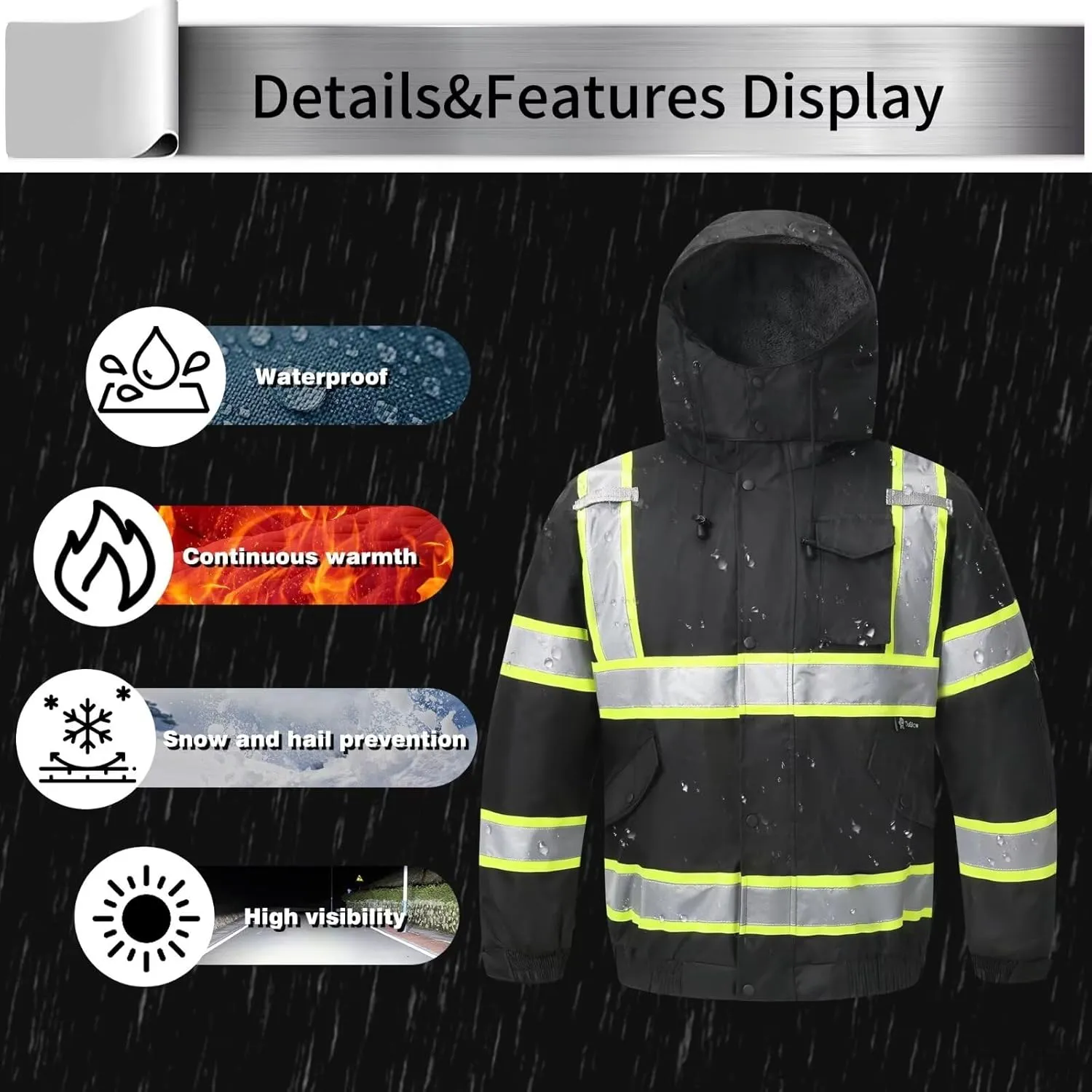 High Visibility Hoodie For Men Reflective Safety Jacket Zipper Men'S/Women'S Construction Work Safety Insulated Parka