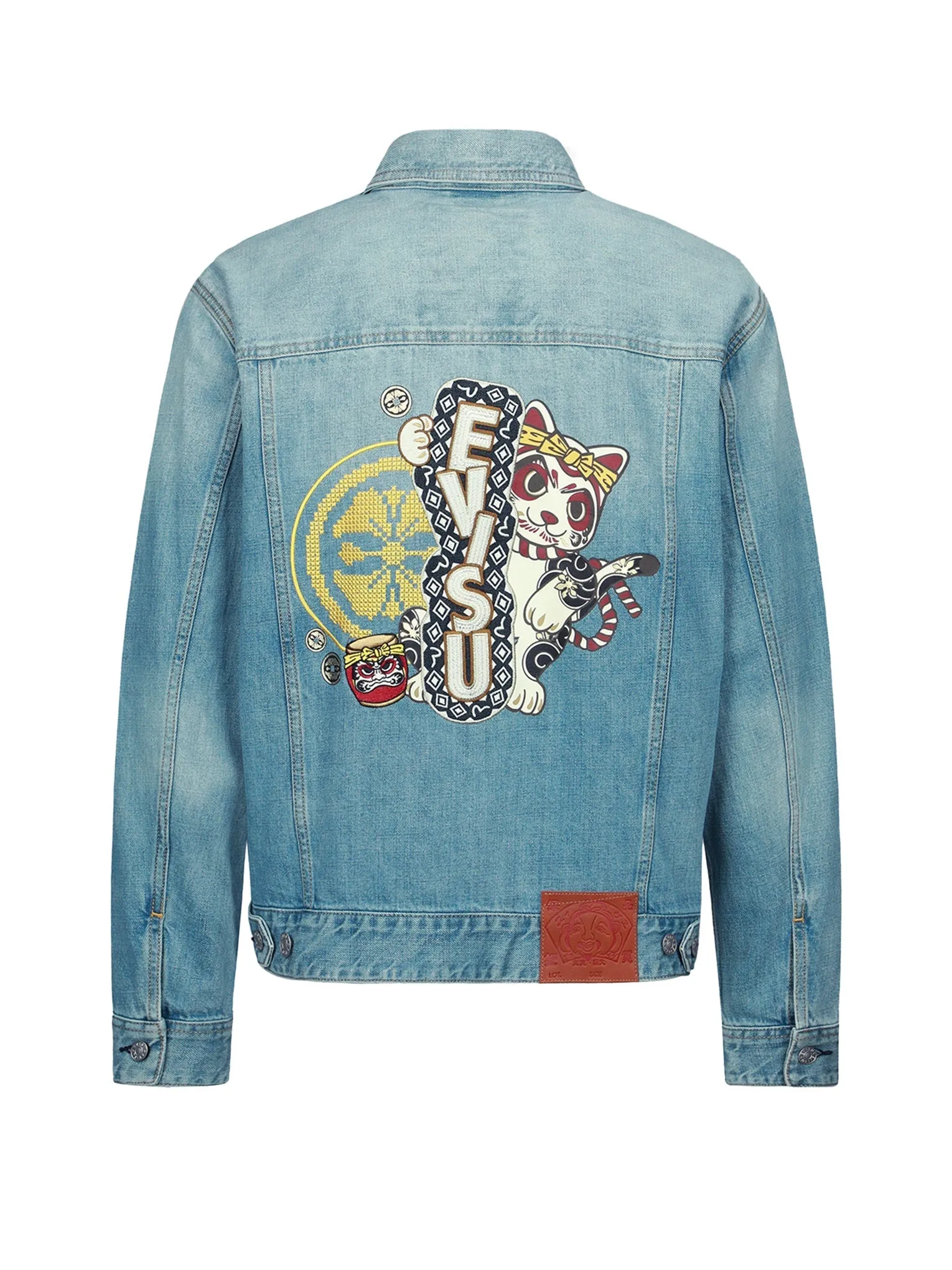 Kamon and Fortune Cat Embroidery Denim Jacket