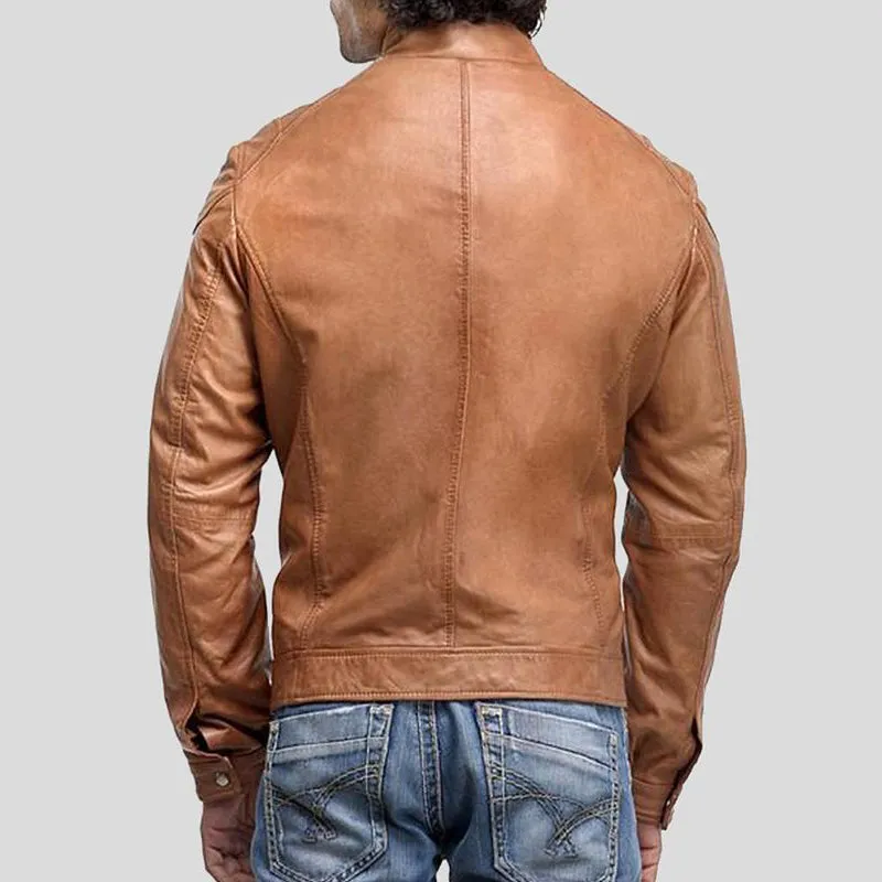 Mens Zipper Pockets Leather Motorcycle Jacket