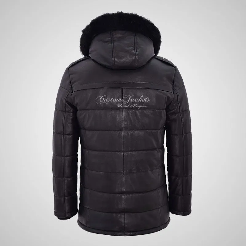 TOMSK Men's Fur Hooded Leather Parka Quilted Warm Jacket