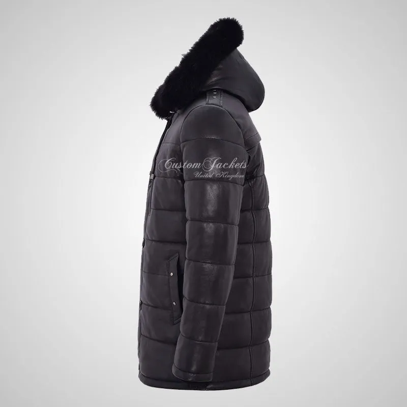 TOMSK Men's Fur Hooded Leather Parka Quilted Warm Jacket