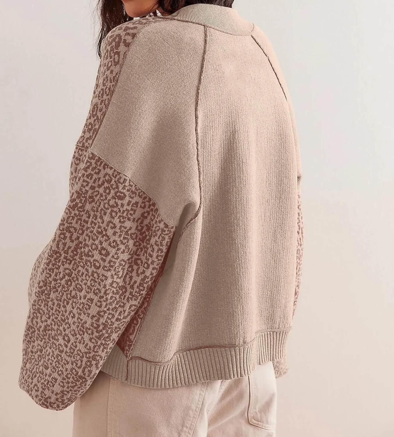 Women Slouchy Leopard Print Cardigan Sweaters Crew Neck Long Sleeve Button Down Knit Sweater Top Cheetah Graphic Coat