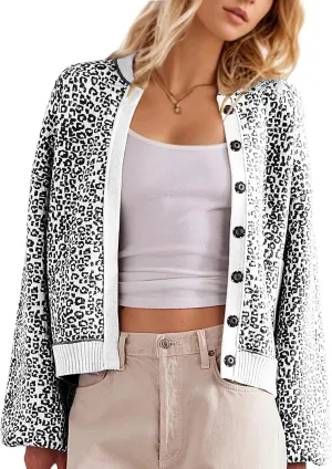 Women Slouchy Leopard Print Cardigan Sweaters Crew Neck Long Sleeve Button Down Knit Sweater Top Cheetah Graphic Coat