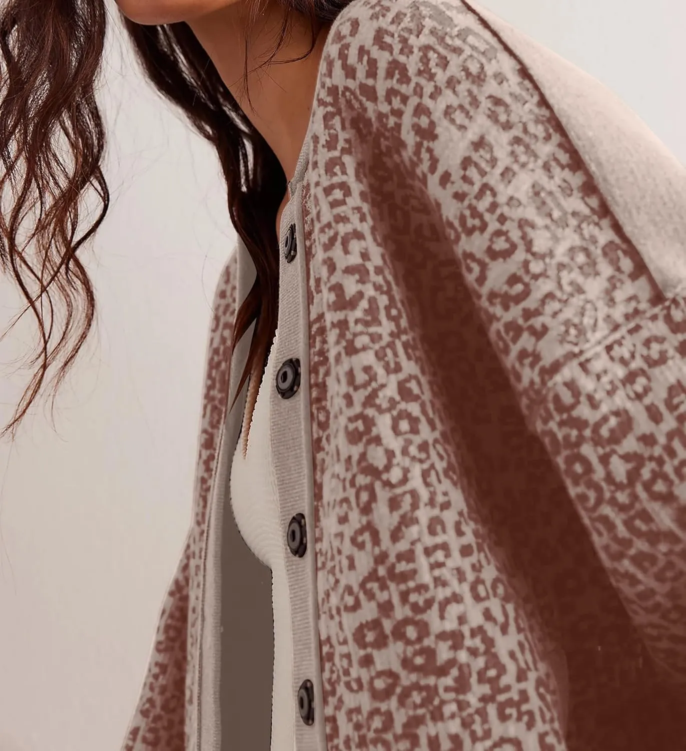 Women Slouchy Leopard Print Cardigan Sweaters Crew Neck Long Sleeve Button Down Knit Sweater Top Cheetah Graphic Coat