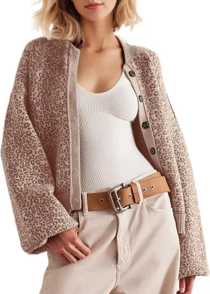 Women Slouchy Leopard Print Cardigan Sweaters Crew Neck Long Sleeve Button Down Knit Sweater Top Cheetah Graphic Coat