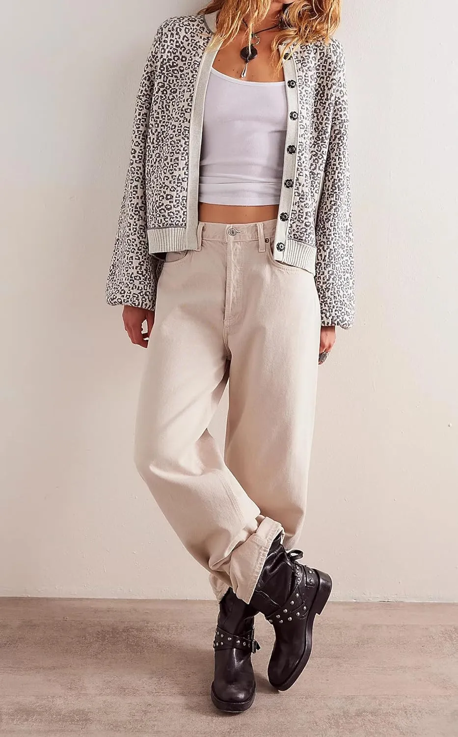 Women Slouchy Leopard Print Cardigan Sweaters Crew Neck Long Sleeve Button Down Knit Sweater Top Cheetah Graphic Coat