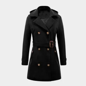 Women's Hooded Double-Breasted Overcoat  Mid-Length, Woolen Lapel Collar, Winter Coat, Black, Army Green, Camel
