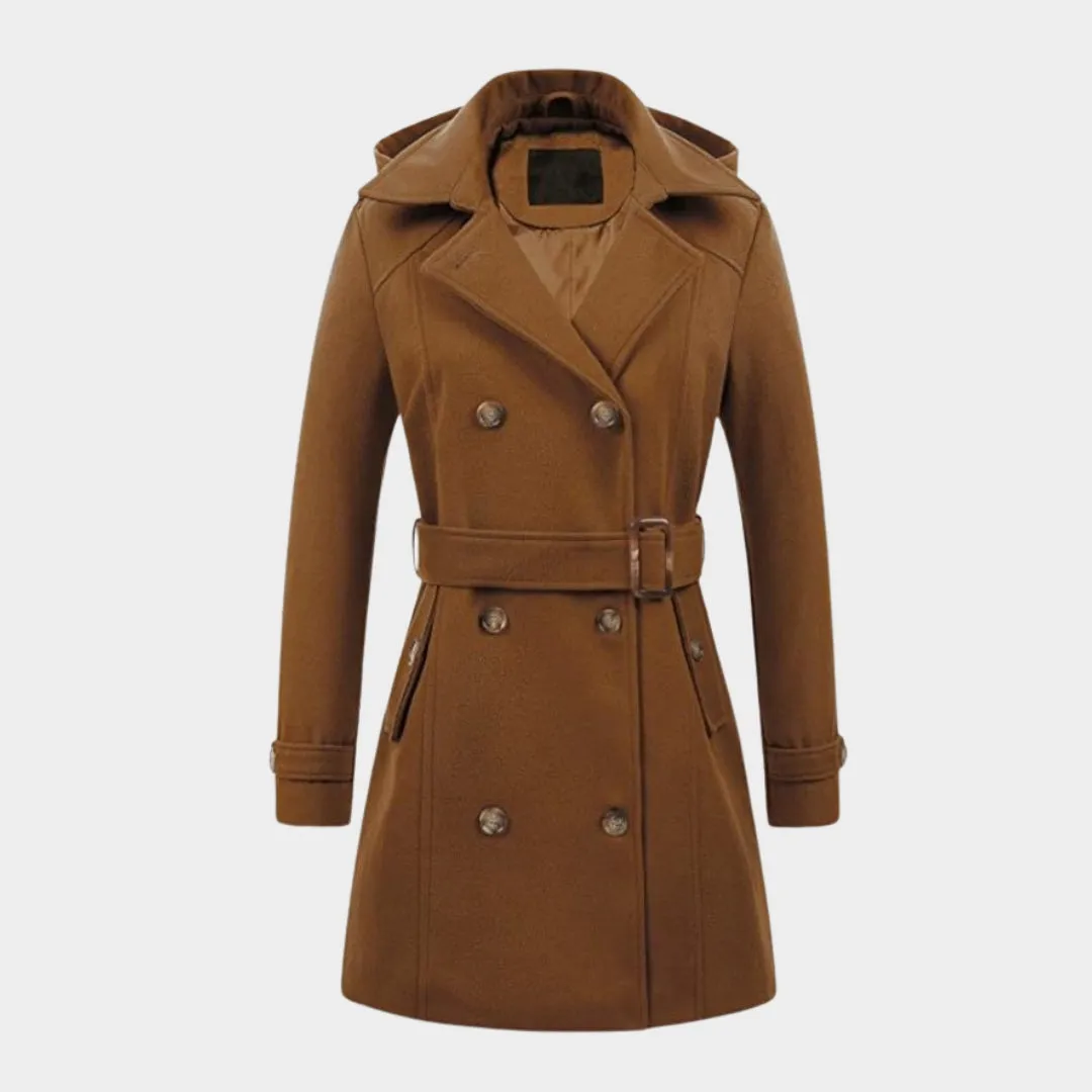Women's Hooded Double-Breasted Overcoat  Mid-Length, Woolen Lapel Collar, Winter Coat, Black, Army Green, Camel