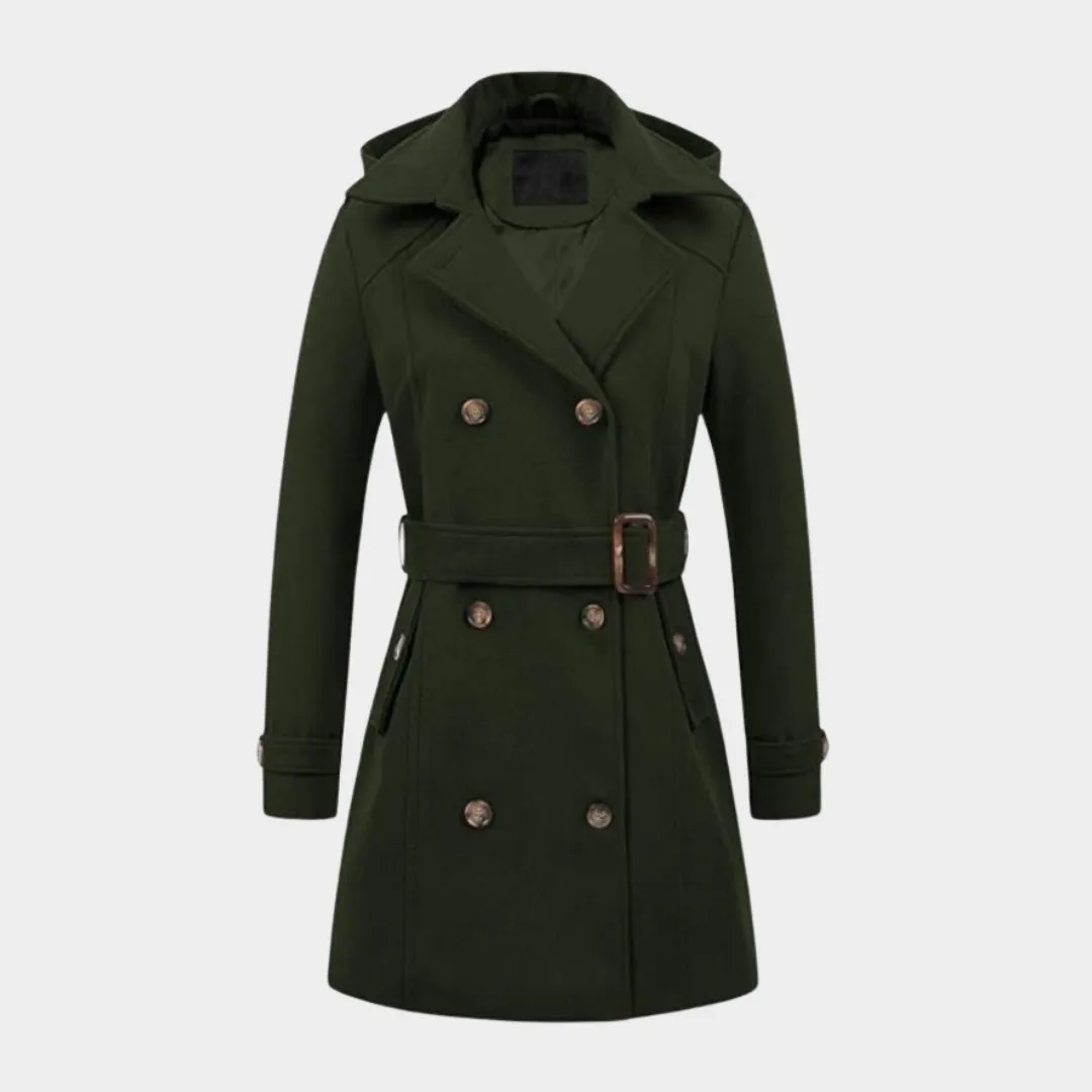 Women's Hooded Double-Breasted Overcoat  Mid-Length, Woolen Lapel Collar, Winter Coat, Black, Army Green, Camel