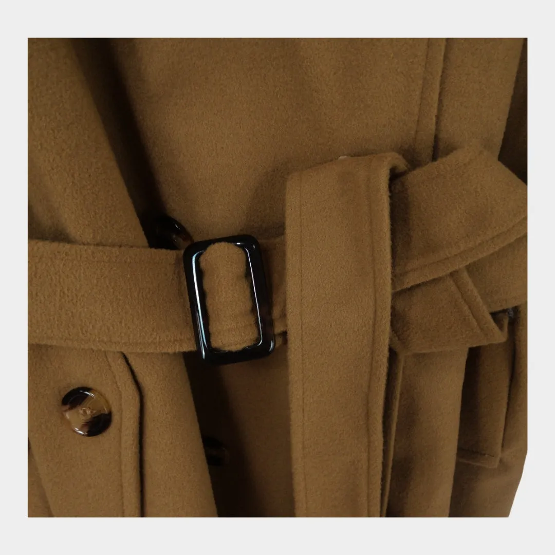 Women's Hooded Double-Breasted Overcoat  Mid-Length, Woolen Lapel Collar, Winter Coat, Black, Army Green, Camel