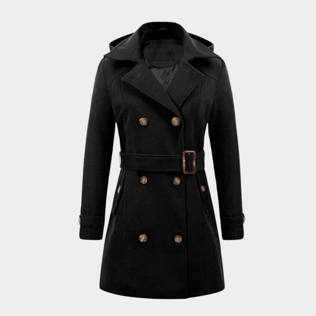 Women's Hooded Double-Breasted Overcoat  Mid-Length, Woolen Lapel Collar, Winter Coat, Black, Army Green, Camel