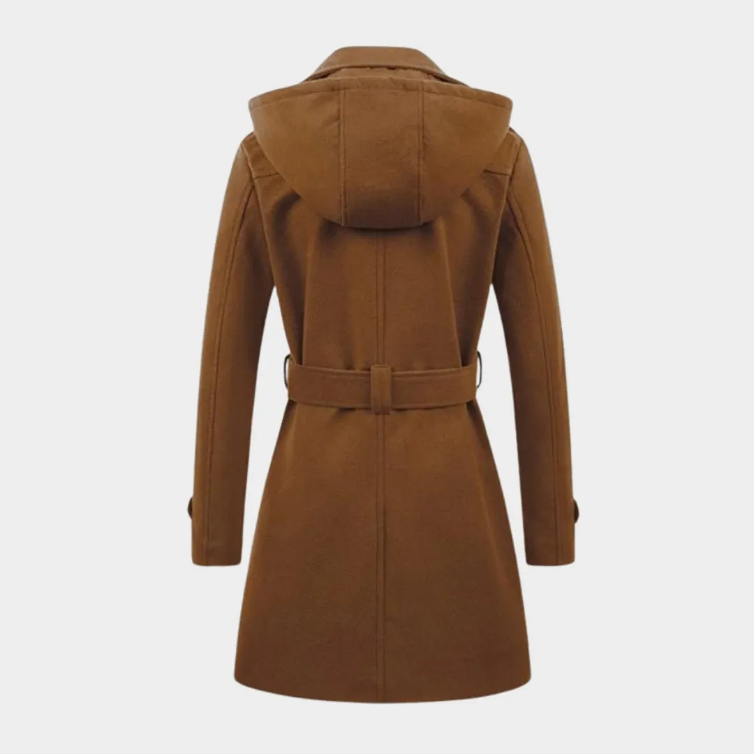Women's Hooded Double-Breasted Overcoat  Mid-Length, Woolen Lapel Collar, Winter Coat, Black, Army Green, Camel