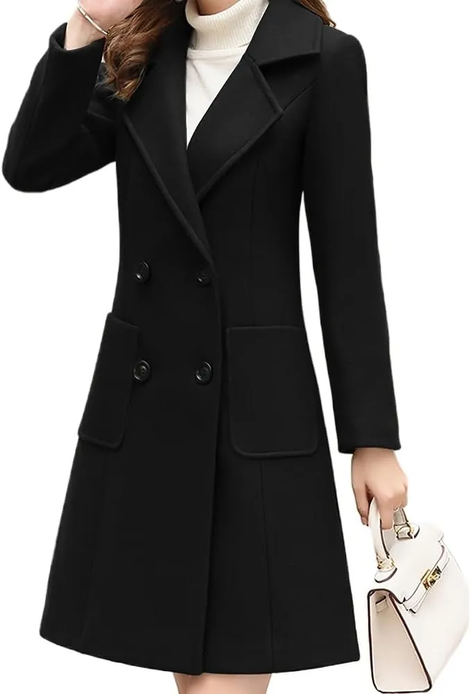 Women's Wool Blend Coat Winter Mid Long Double Breasted Overcoat Lapel Collar Outwear Jacket