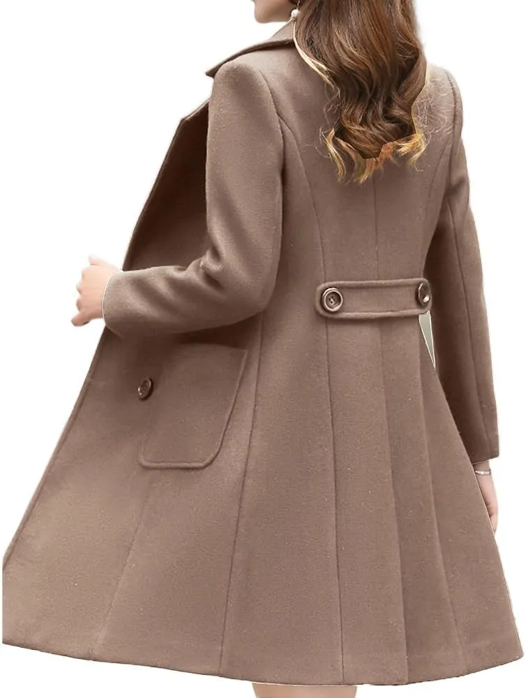 Women's Wool Blend Coat Winter Mid Long Double Breasted Overcoat Lapel Collar Outwear Jacket