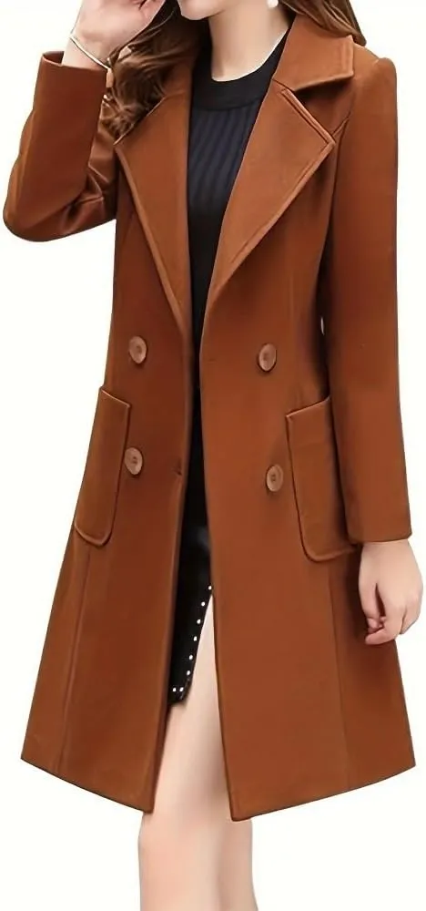 Women's Wool Blend Coat Winter Mid Long Double Breasted Overcoat Lapel Collar Outwear Jacket