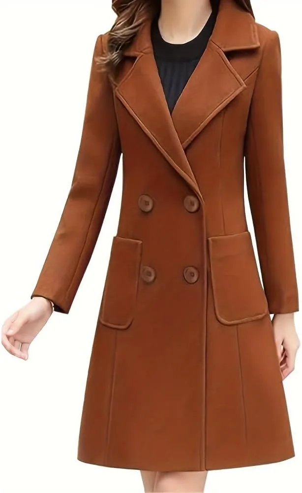 Women's Wool Blend Coat Winter Mid Long Double Breasted Overcoat Lapel Collar Outwear Jacket