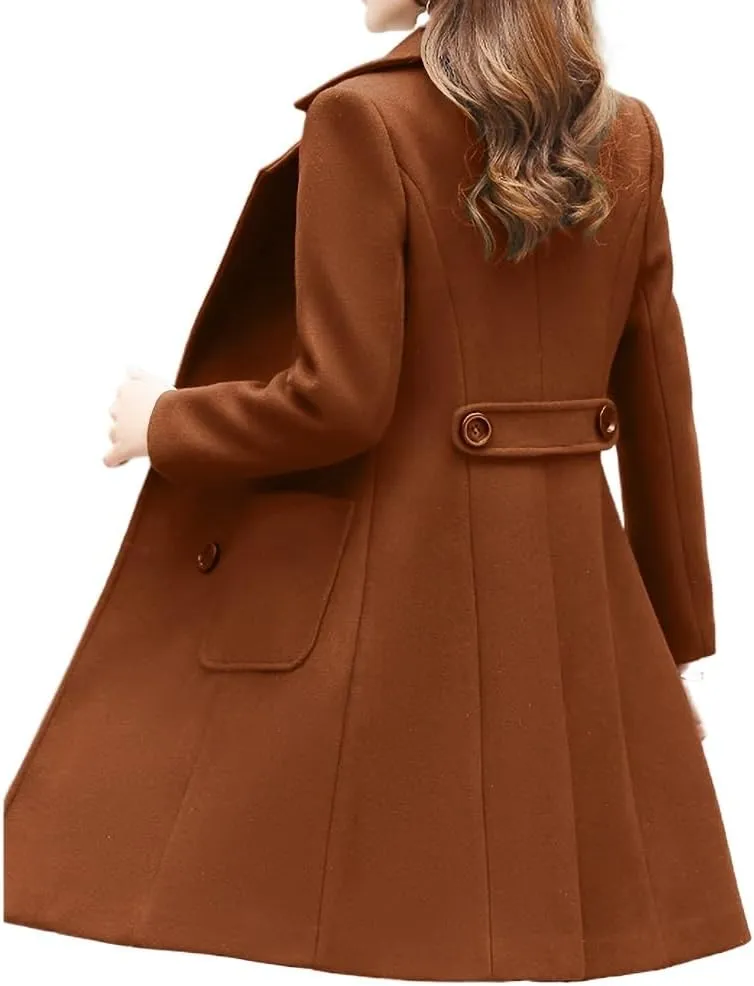 Women's Wool Blend Coat Winter Mid Long Double Breasted Overcoat Lapel Collar Outwear Jacket