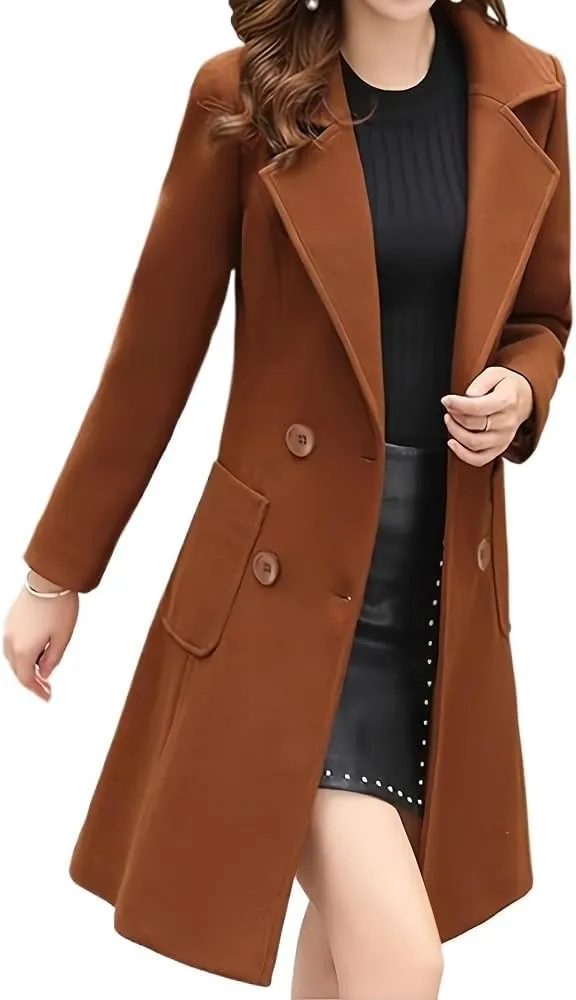 Women's Wool Blend Coat Winter Mid Long Double Breasted Overcoat Lapel Collar Outwear Jacket