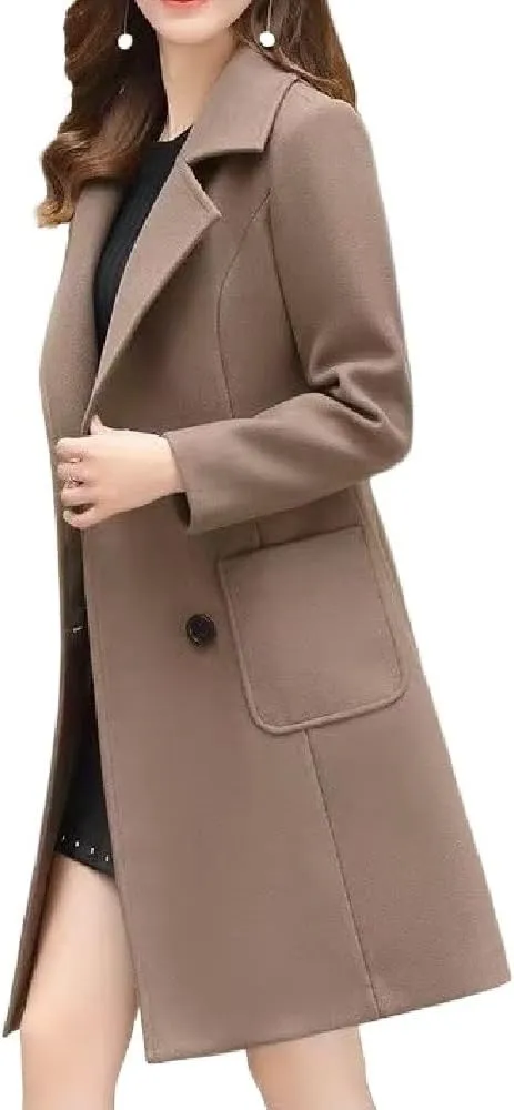 Women's Wool Blend Coat Winter Mid Long Double Breasted Overcoat Lapel Collar Outwear Jacket