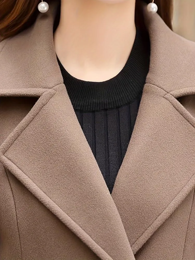 Women's Wool Blend Coat Winter Mid Long Double Breasted Overcoat Lapel Collar Outwear Jacket