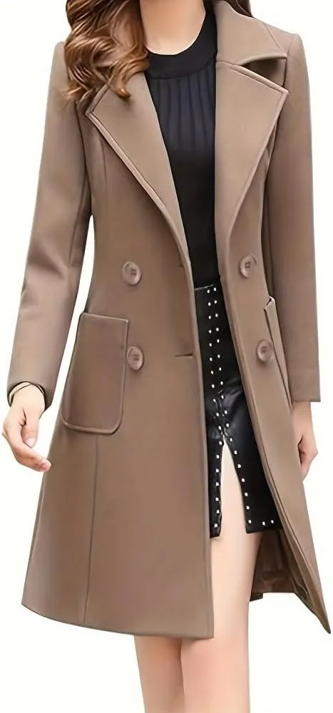 Women's Wool Blend Coat Winter Mid Long Double Breasted Overcoat Lapel Collar Outwear Jacket